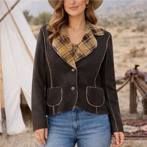 Boho Plaid Pleather Cropped Jacket - M